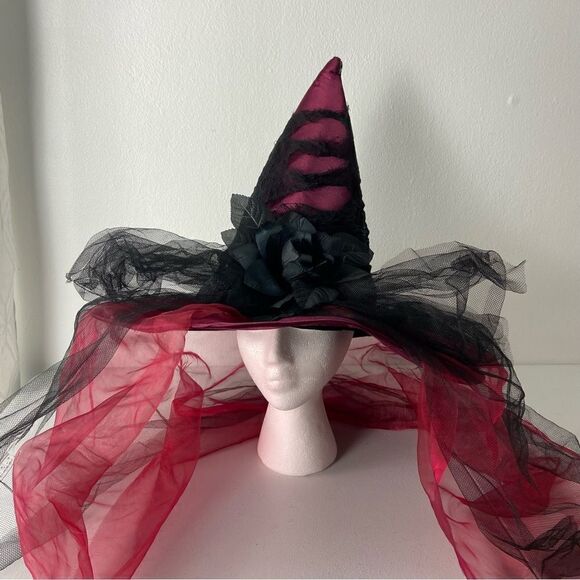 Halloween Red Black Mesh Witchy Hat Black Roses ‎ Whimsigoth Grunge Cosplay OS - Picture 6 of 10